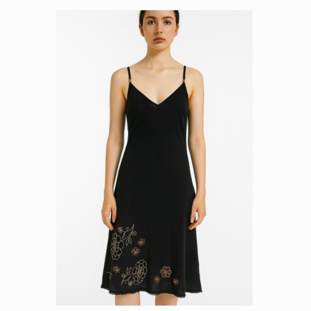 Sisley Embroidered Midi Linen Dress in Brown 2 NWOT